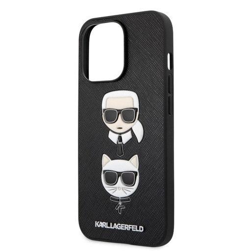 Apple iPhone 13 Pro Karl Lagerfeld PU Saffiano Karl and Choupette Heads tok (Fekete) – KLHCP13LSAKICKCBK