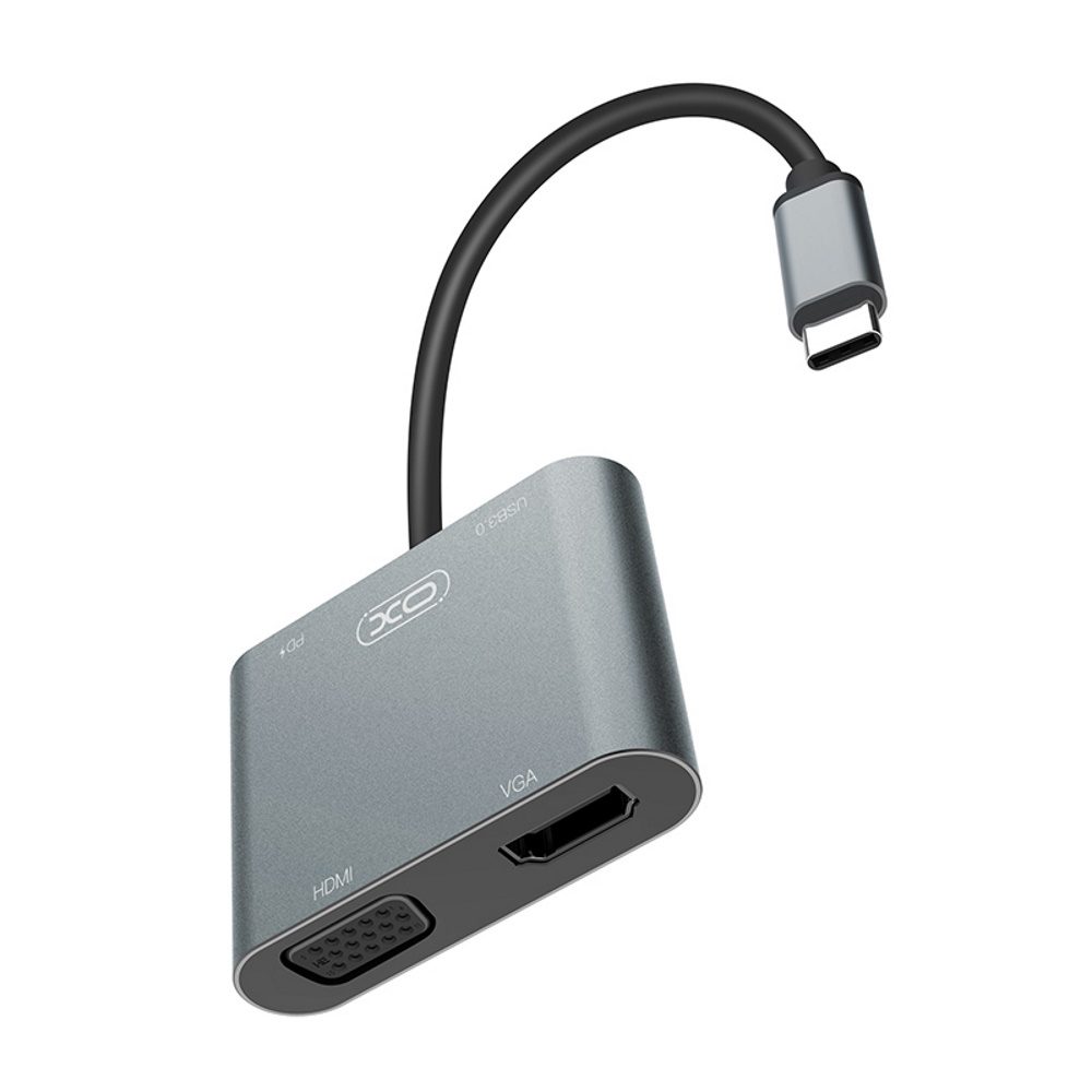 XO HUB001 4 az 1-ben Type-C adapter (Ezüst) – HDMI, VGA, USB 3.0, PD töltés