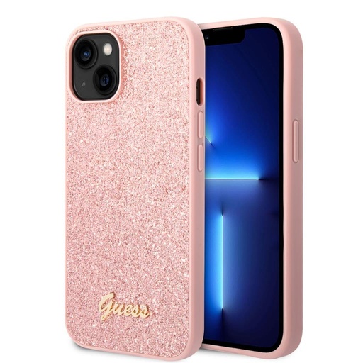 Apple iPhone 14 Plus Guess Glitter Flakes Metal Logo tok (Rózsaszín) - GUHCP14MHGGSHP