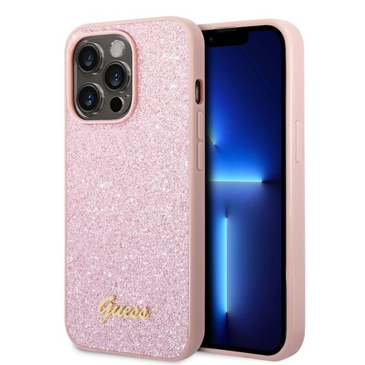 Apple iPhone 14 Pro Max Guess Glitter Flakes Metal Logo tok (Rózsaszín) - GUHCP14XHGGSHP