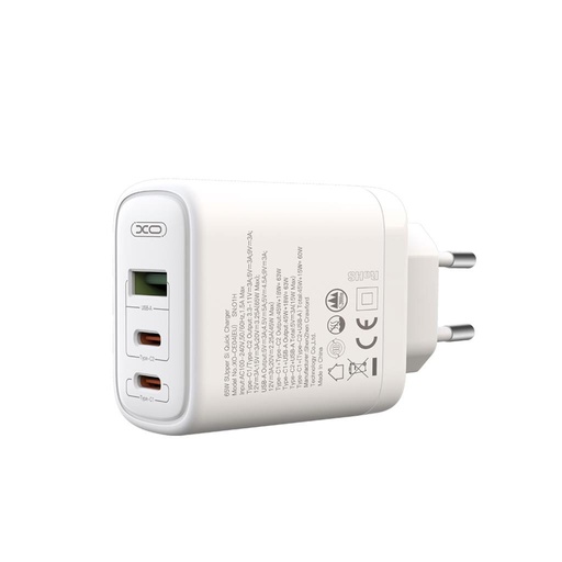 XO CE04 gyorstöltő max. 65W (Fehér) – USB-C PD + USB-A QC
