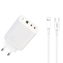 XO CE04 gyorstöltő max. 65W (Fehér) – USB-C PD + USB-A QC, micro USB kábellel