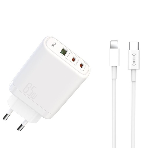 XO CE04 gyorstöltő max. 65W (Fehér) – USB-C PD + USB-A QC, micro USB kábellel