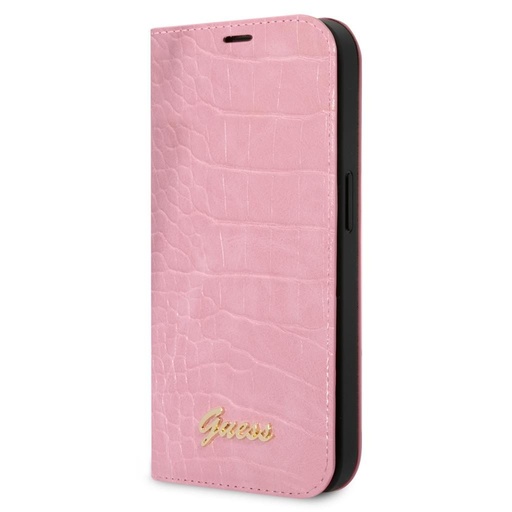 Apple iPhone 14 Pro Guess PU Croco tok könyvformátum fém kamera kerettel (Rózsaszín) - GUBKP14LHGCRHP