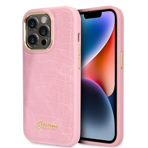Apple iPhone 14 Pro Max Guess PU Croco tok fém kamera kerettel (Rózsaszín) - GUHCP14XHGCRHP