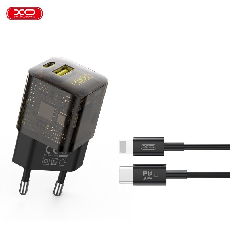 XO CE05 PD 30W gyorstöltő (Barna) – PD 30W + QC 3.0 18W, USB-A + USB-C csatlakozó, Lightning kábellel