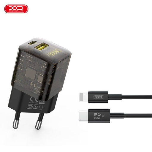 XO CE05 PD 30W gyorstöltő (Barna) – PD 30W + QC 3.0 18W, USB-A + USB-C csatlakozó, Lightning kábellel
