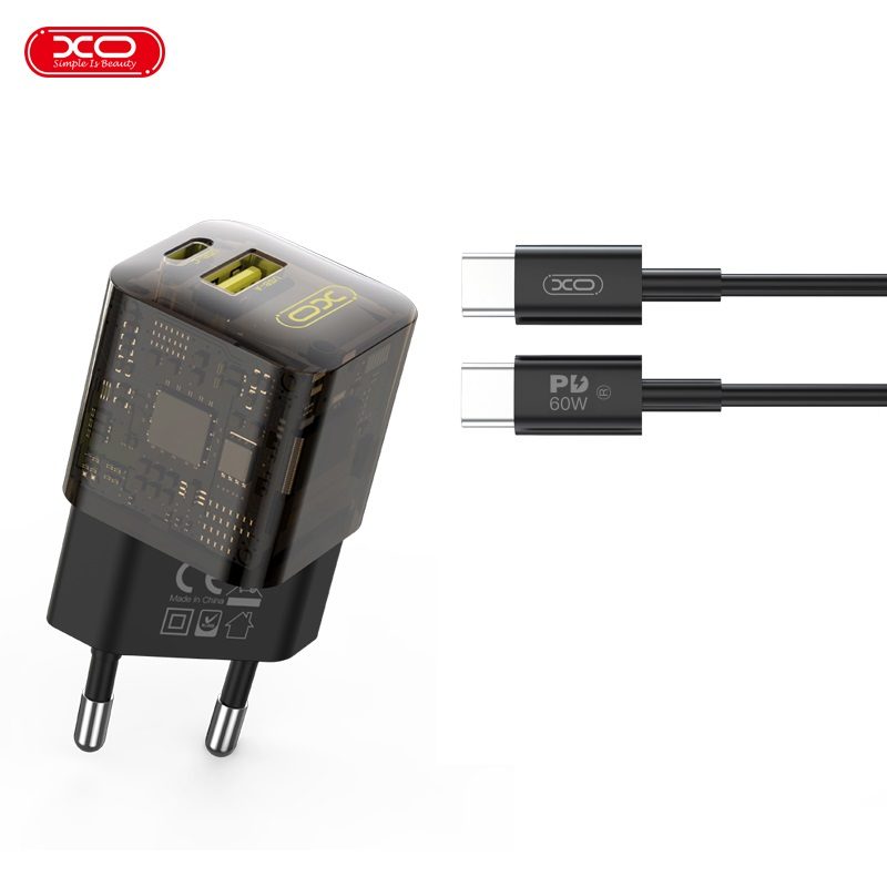 XO CE05 PD 30W gyorstöltő (Barna) – PD 30W + QC 3.0 18W, USB-A + USB-C csatlakozó, Type-C kábellel