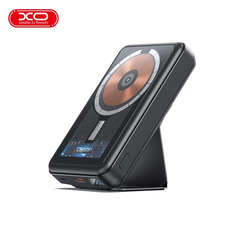 XO PR202 power bank 10000 mAh (Fekete) – mágneses, vezeték nélküli gyorstöltés 15W, PD 20W, átlátszó kivitel