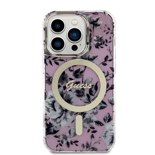 Apple iPhone 14 Pro Guess Flowers IML MagSafe tok (Rózsaszín) - GUHMP14LHCFWSP