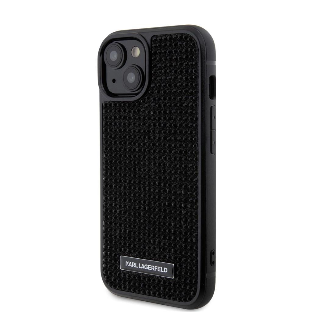 Apple iPhone 15 Karl Lagerfeld Rhinestone Plate Metal Logo tok (Fekete) – KLHCP15SHDSPLK