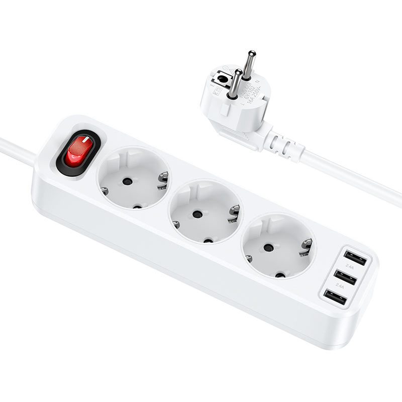 Hoco NS2 nagy teljesítményű hosszabbító aljzat, 3 aljzat + 3 * USB 5V / 2.4A kimenet fehér