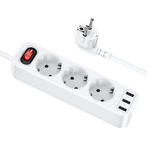 Hoco NS2 nagy teljesítményű hosszabbító aljzat, 3 aljzat + 3 * USB 5V / 2.4A kimenet fehér