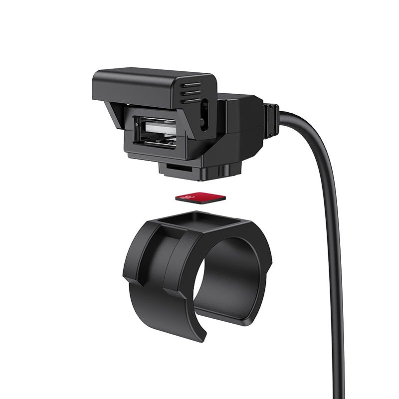 Hoco Z45 motorkerékpár töltő, egy USB 5V / 2.4A vízálló kimenet, levehető motorkerékpár kormányrögzítő szíjjal fekete