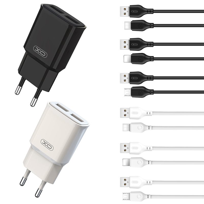 XO L92C 2.4A töltő (Fehér) – dupla USB csatlakozó, Type-C kábellel