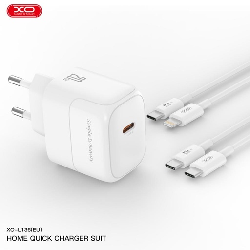 XO L136 PD 20W gyorstöltő (Fehér) – USB-C csatlakozó, Lightning kábellel