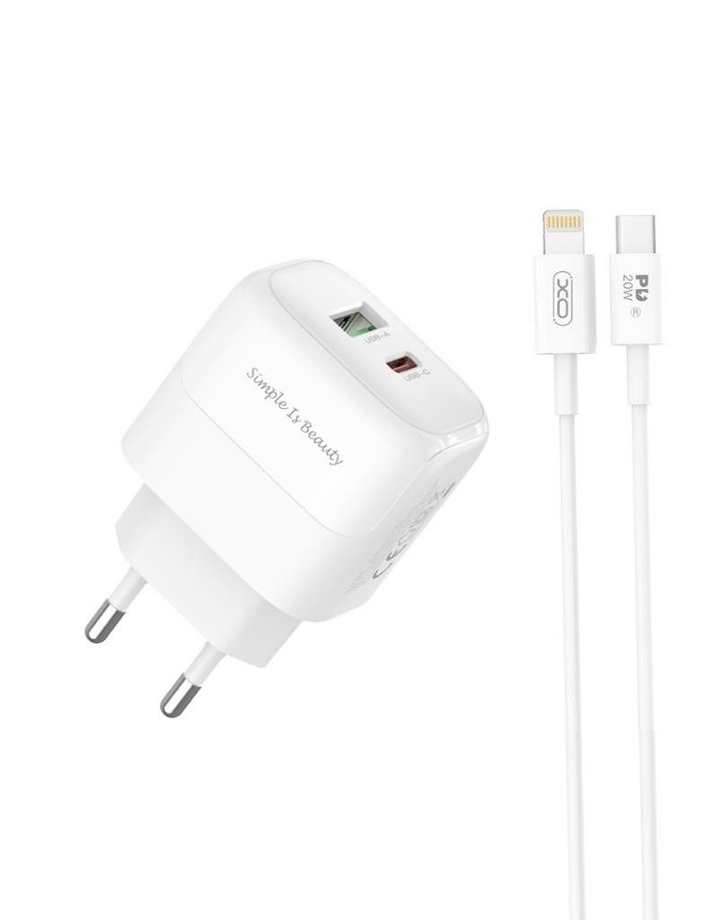 XO L137 PD 20W gyorstöltő (Fehér) – PD 20W + QC 18W, USB-A + USB-C csatlakozó, Lightning kábellel