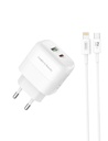 XO L137 PD 20W gyorstöltő (Fehér) – PD 20W + QC 18W, USB-A + USB-C csatlakozó, Lightning kábellel