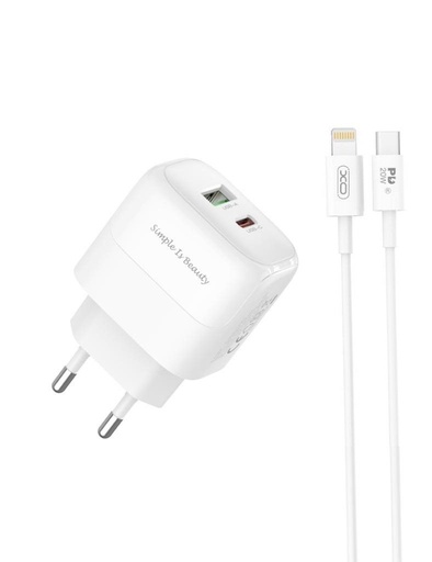 XO L137 PD 20W gyorstöltő (Fehér) – PD 20W + QC 18W, USB-A + USB-C csatlakozó, Lightning kábellel