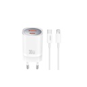 XO CE21 30W GaN gyorstöltő (Fehér) – PD 30W, USB-C + USB-A csatlakozó, Lightning kábellel
