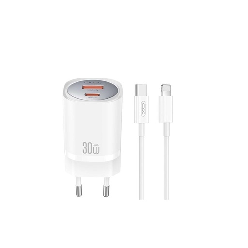 XO CE21 30W GaN gyorstöltő (Fehér) – PD 30W, USB-C + USB-A csatlakozó, Lightning kábellel
