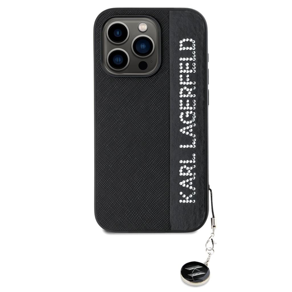 Apple iPhone 15 Pro Max Karl Lagerfeld PU Saffiano Rhinestone Charm tok (Fekete) – KLHCP15XPSAKDGCK