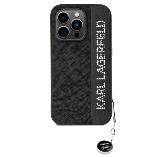 Apple iPhone 15 Pro Max Karl Lagerfeld PU Saffiano Rhinestone Charm tok (Fekete) – KLHCP15XPSAKDGCK