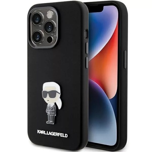 Apple iPhone 15 Pro Karl Lagerfeld Silicone Ikonik Metal Pin hátlap tok (Fekete - KLHCP15LSMHHKNPK)