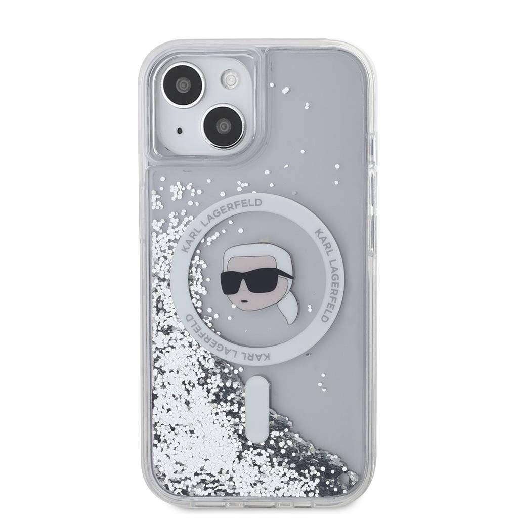 Apple iPhone 15 Karl Lagerfeld Liquid Glitter Karl Head MagSafe tok (Átlátszó) – KLHMP15SLGKISGH