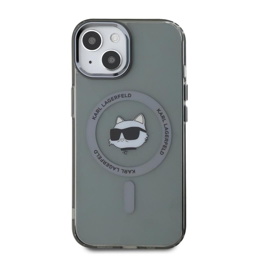 Apple iPhone 15 Karl Lagerfeld IML Choupette Head Metal Frame MagSafe tok (Fekete) – KLHMP15SHLSCHK