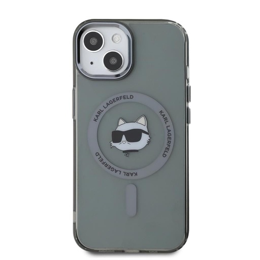 Apple iPhone 15 Karl Lagerfeld IML Choupette Head Metal Frame MagSafe tok (Fekete) – KLHMP15SHLSCHK