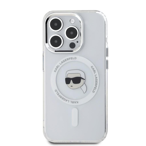 Apple iPhone 15 Pro Karl Lagerfeld IML Karl Head Metal Frame MagSafe tok (Átlátszó) – KLHMP15LHLSKIH