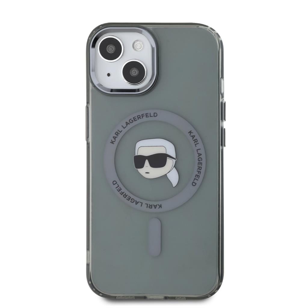 Apple iPhone 15 Karl Lagerfeld IML Karl Head Metal Frame MagSafe tok (Fekete) – KLHMP15SHLSKIK