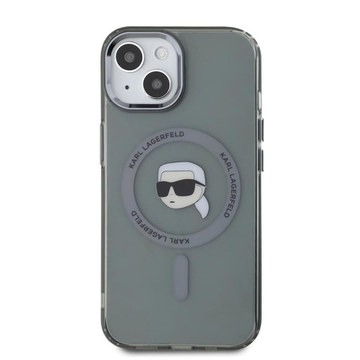 Apple iPhone 15 Karl Lagerfeld IML Karl Head Metal Frame MagSafe tok (Fekete) – KLHMP15SHLSKIK
