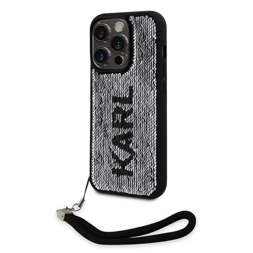 Apple iPhone 15 Pro Karl Lagerfeld Sequins Reversible tok (Fekete/Ezüst) – KLHCP15LPSQRKS