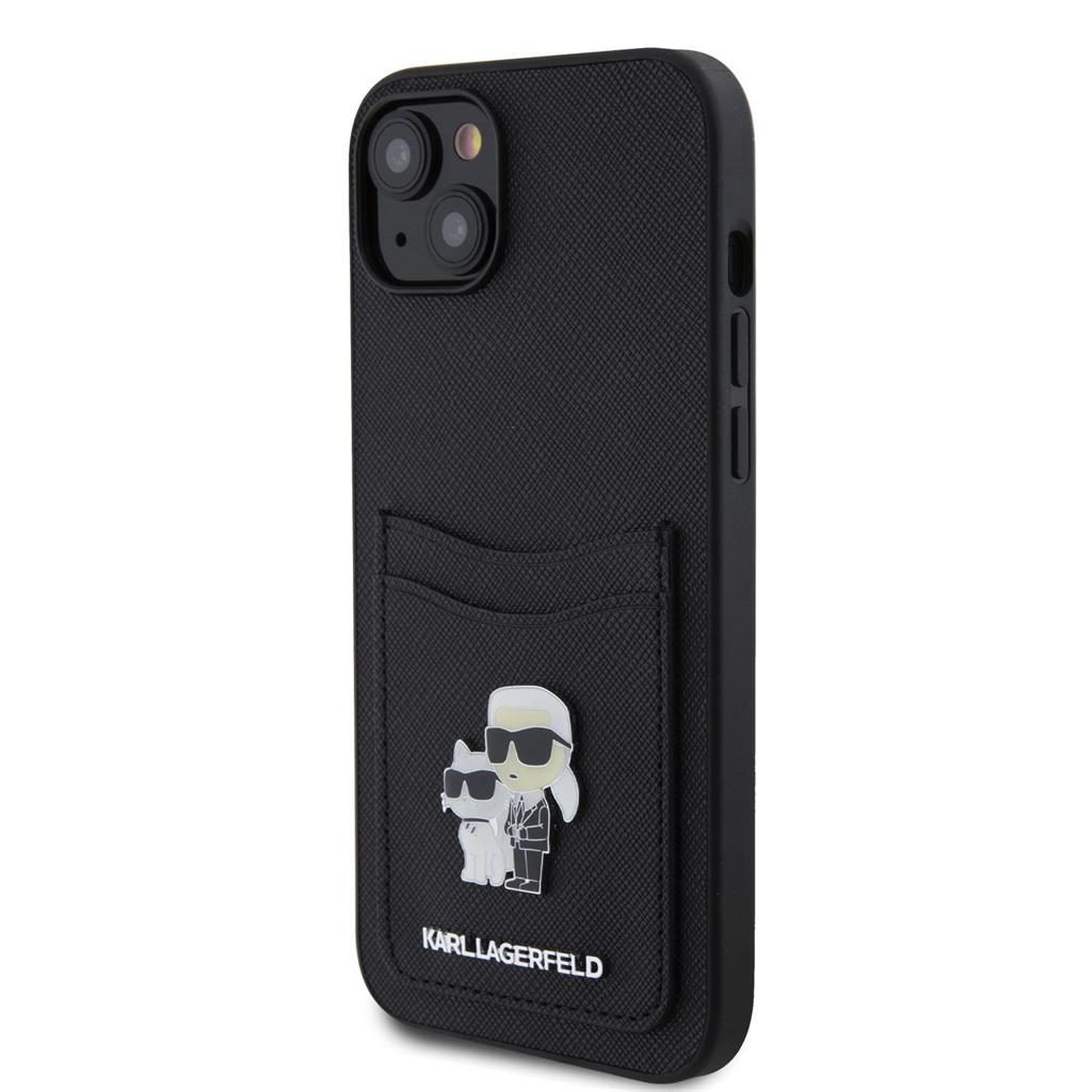 Apple iPhone 15 Karl Lagerfeld PU Saffiano Card Slot Metal Karl and Choupette tok (Fekete) – KLHCP15SSAPKCNPK