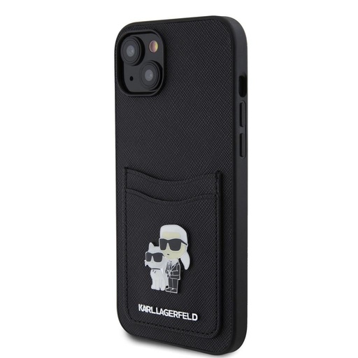 Apple iPhone 15 Karl Lagerfeld PU Saffiano Card Slot Metal Karl and Choupette tok (Fekete) – KLHCP15SSAPKCNPK