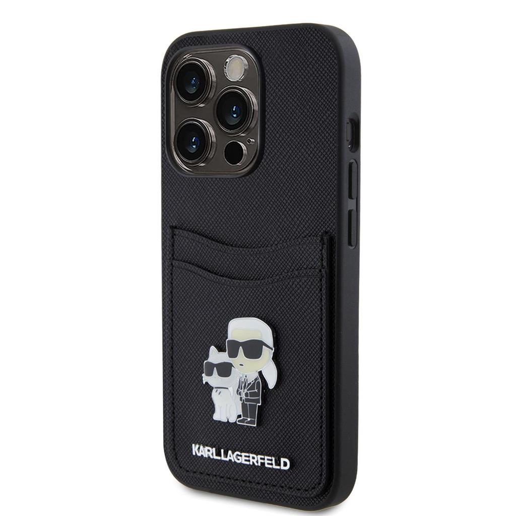 Apple iPhone 15 Pro Karl Lagerfeld PU Saffiano Card Slot Metal Karl and Choupette tok (Fekete) – KLHCP15LSAPKCNPK
