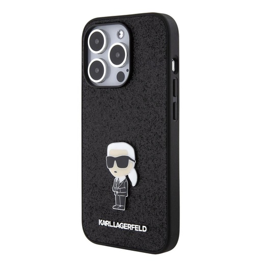 Apple iPhone 15 Pro Karl Lagerfeld Fixed Glitter Metal Ikonik tok (Fekete) – KLHCP15LGKNPSK