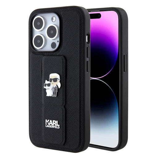 Apple iPhone 15 Pro Max Karl Lagerfeld Saffiano Grip Stand Metal Logo tok (Fekete) – KLHCP15XGSAKCPK