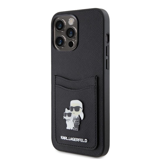 Apple iPhone 15 Pro Max Karl Lagerfeld PU Saffiano Card Slot Metal Karl and Choupette tok (Fekete) – KLHCP15XSAPKCNPK