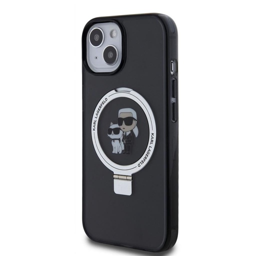 Apple iPhone 15 Karl Lagerfeld Ringstand Karl and Choupette MagSafe tok (Fekete) – KLHMP15SHMRSKCK