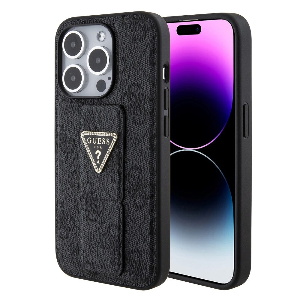 Apple iPhone 15 Pro Guess PU Grip Stand Strass Triangle tok (Fekete) - GUHCP15LPGS4TDK