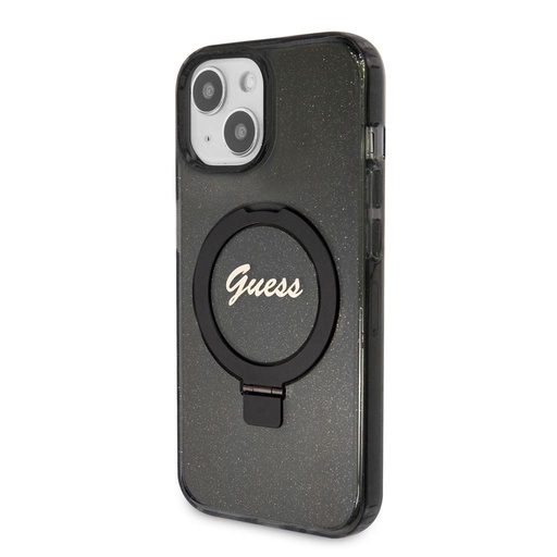 Apple iPhone 15 Guess IML Ring Stand Glitter MagSafe tok (Fekete) - GUHMP15SHRSGSK