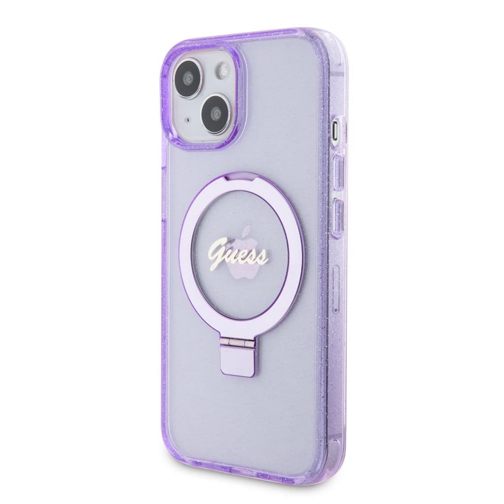 Apple iPhone 15 Guess IML Ring Stand Glitter MagSafe tok (Lila) - GUHMP15SHRSGSU