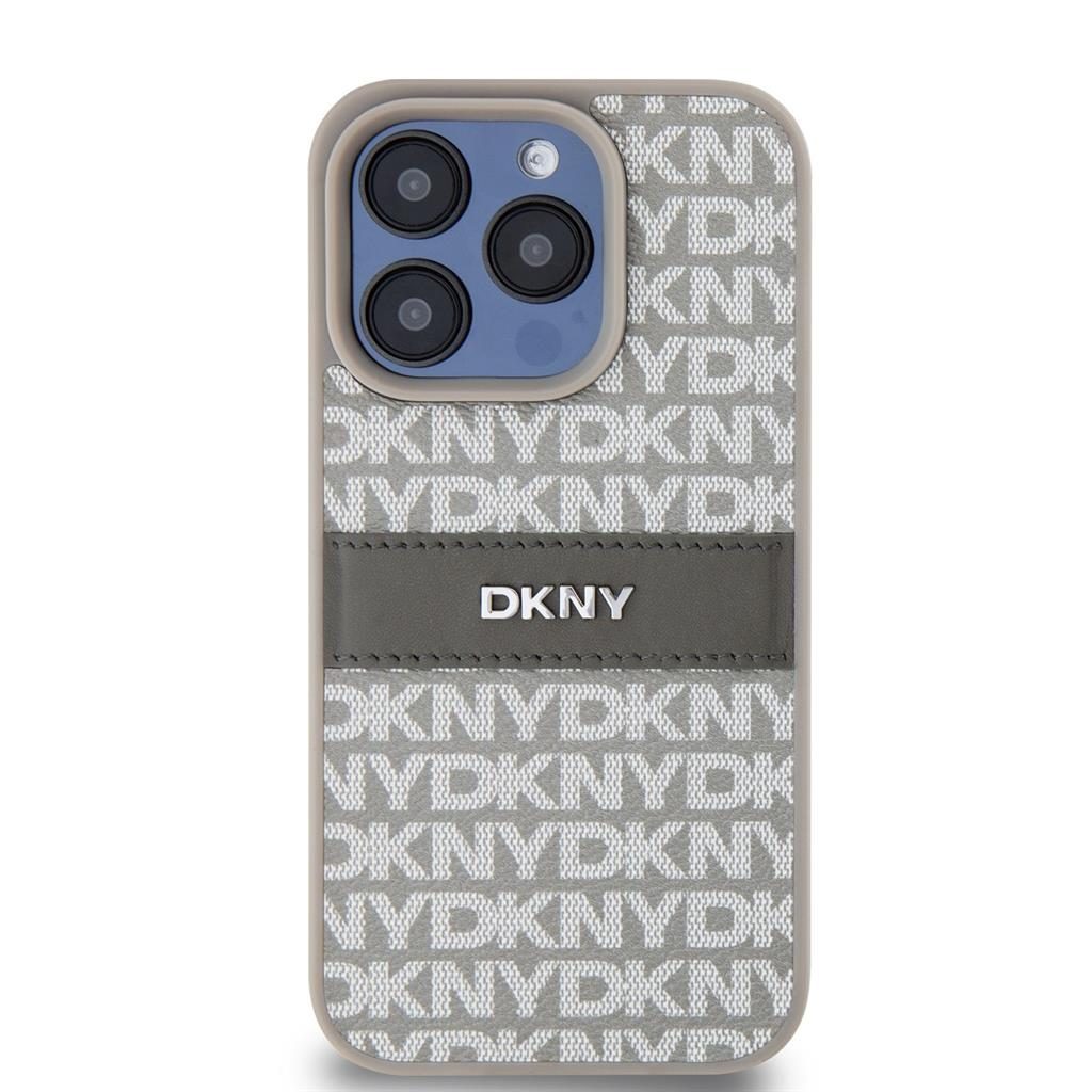 Apple iPhone 15 Pro DKNY PU Leather Repeat Pattern Tonal Stripe hátlap tok (Bézs - DKHCP15LPRTHSLE)