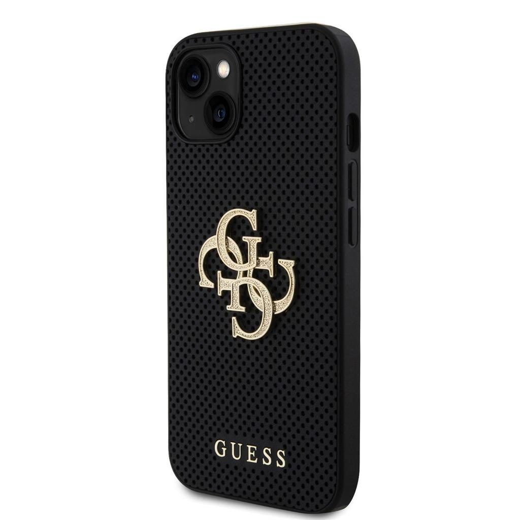 Apple iPhone 15 Guess PU Perforált 4G Glitter Metal Logo tok (Fekete) - GUHCP15SPSP4LGK