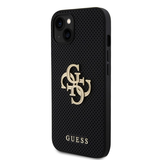Apple iPhone 15 Guess PU Perforált 4G Glitter Metal Logo tok (Fekete) - GUHCP15SPSP4LGK