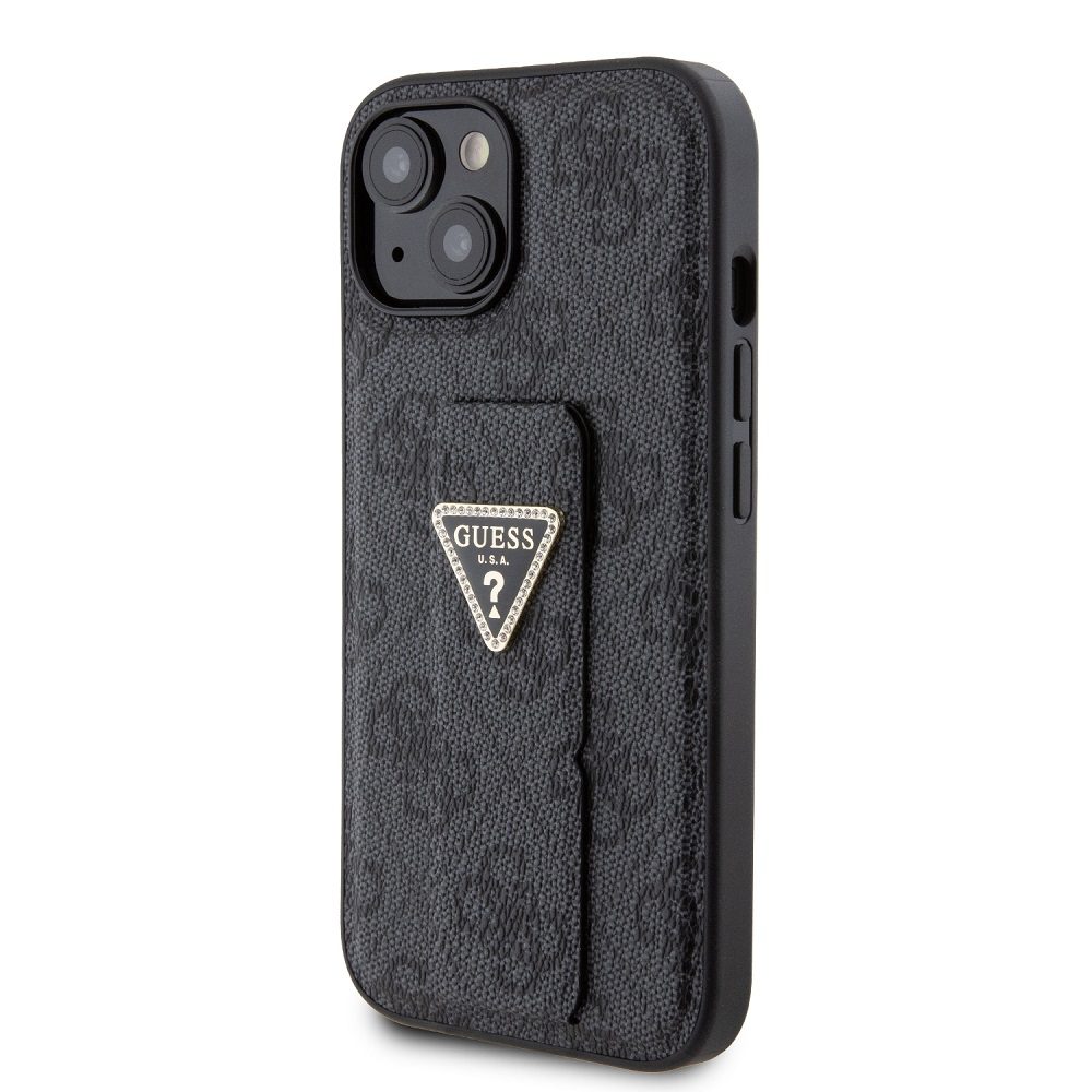 Apple iPhone 15 Guess PU Grip Stand Strass Triangle tok (Fekete) - GUHCP15SPGS4TDK
