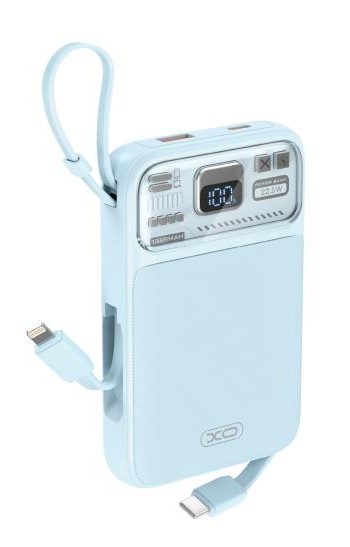 XO PR243 power bank 10000 mAh (Kék) – gyorstöltés 22.5W, digitális kijelző, USB-C és Lightning kábel